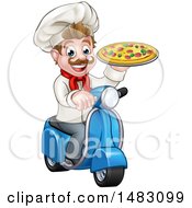 Happy Pizza Delivery Chef Holding Up A Pie On A Scooter