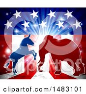 Clipart Of A Silhouetted Political Democratic Donkey And Republican Elephant Fighting Over An American Design And Burst Royalty Free Vector Illustration