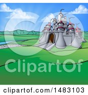 Poster, Art Print Of Cartoon Castle In A Hilly Landscape At Sunrise