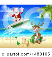 Poster, Art Print Of Happy Rudolph Red Nosed Reindeer Making A Sand Castle And Santa Surfing