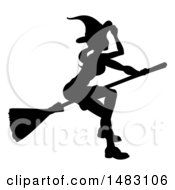 Clipart Of A Silhouetted Witch Tipping Her Hat And Flying On A Broomstick Royalty Free Vector Illustration