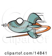 Poster, Art Print Of Blue Rocket With Orange Studs Flying Through Outer Space