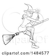 Clipart Of A Black And White Witch Holding A Magic Wand And Flying On A Broomstick Royalty Free Vector Illustration