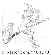Clipart Of A Black And White Witch Holding A Magic Wand And Flying With A Cat On A Broomstick Royalty Free Vector Illustration