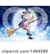 Poster, Art Print Of Witch Holding A Magic Wand And Flying On A Broomstick Over A Full Moon