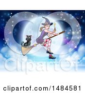Poster, Art Print Of Witch Holding A Magic Wand And Cat Flying On A Broomstick Over A Full Moon