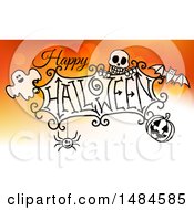 Poster, Art Print Of Happy Halloween Greeting With A Ghost Skull Bat Jackolantern And Spider Over Gradient Orange