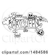 Poster, Art Print Of Black And White Happy Halloween Greeting With A Ghost Skull Bat Jackolantern And Spider