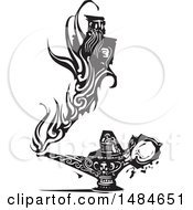 Clipart Of A Genie And Lamp In Black And White Woodcut Style Royalty Free Vector Illustration