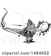 Clipart Of A Genie Aladdin Lamp In Black And White Woodcut Style Royalty Free Vector Illustration
