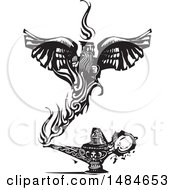 Clipart Of A Winged Genie And Lamp In Black And White Woodcut Style Royalty Free Vector Illustration