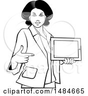 Poster, Art Print Of Grayscale Hispanic Business Woman Holding And Pointing To A Tablet Computer