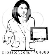Poster, Art Print Of Grayscale Hispanic Business Woman Holding And Pointing To A Tablet Computer