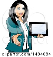 Poster, Art Print Of Hispanic Business Woman Holding A Tablet Computer And Reaching Out To Shake Hands