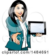 Poster, Art Print Of Hispanic Business Woman Holding A Tablet Computer And Reaching Out To Shake Hands