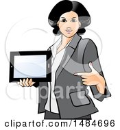 Clipart Of A Hispanic Business Woman Holding And Pointing To A Tablet Computer Royalty Free Vector Illustration