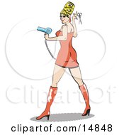 Sexy Blond Bombshell Beautician Woman Wearing A Tight Orange Dress And Tall Orange Boots And Holding A Pair Of Scissors And Blow Dryer At A Salon Clipart Illustration