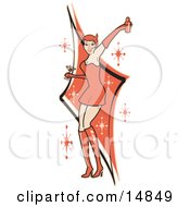 Attractive Woman In A Tight Red Dress Gloves And Tall Boots And Forked Devil Tail Dancing While Drinking At A Party
