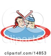Happy Laughing Couple With Skis Retro Clipart Illustration