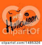 Poster, Art Print Of Happy Halloween Greeting With A Jackolantern Pumpkin And Bats On Orange