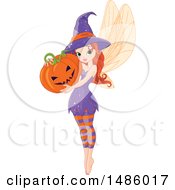 Poster, Art Print Of Red Haired Pixie Fairy Woman Holding A Halloween Jackolantern Pumpkin
