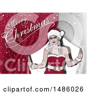 Clipart Of A Woman With Curtains And Merry Christmas Text Royalty Free Vector Illustration