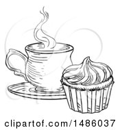 Clipart Of A Black And White Sketched Cupcake And Tea Or Coffee Royalty Free Vector Illustration by AtStockIllustration