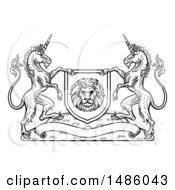 Poster, Art Print Of Black And White Heraldic Lion And Unicorn Coat Of Arms Crest