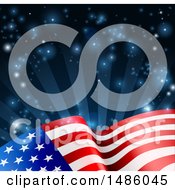 Clipart Of A Rippling American Flag Over Dark Blue Rays And Flares Royalty Free Vector Illustration