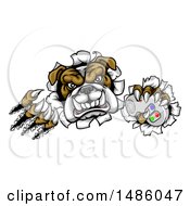 Poster, Art Print Of Tough Bulldog Mascot Holding A Video Game Controller And Breaking Through A Wall