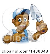 Poster, Art Print Of Cartoon Happy Black Male Gardener In Blue Holding A Garden Trowel And Pointing