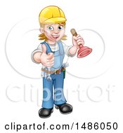 Poster, Art Print Of Full Length Female Plumber Giving A Thumb Up And Holding A Plunger
