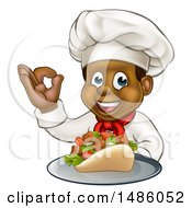 Male Chef Holding A Souvlaki Kebab Sandwich On A Tray And Gesturing Perfect