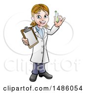 Poster, Art Print Of Happy White Female Scientist Holding A Test Tube And Clipboard