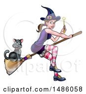 Poster, Art Print Of Witch Holding A Magic Wand And Cat Flying On A Broomstick