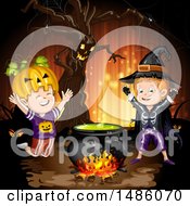 Clipart Of A Boiling Cauldron Ent Tree And Boys In Halloween Costumes Royalty Free Vector Illustration by merlinul