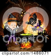Poster, Art Print Of Boiling Cauldron Ent Tree And Boys In Halloween Costumes