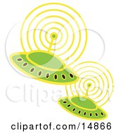 Two Green UFOs Flying In Space And Communicating With Eachother Clipart Illustration