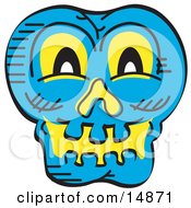 Scary Blue Halloween Skull Glowing With Yellow Light