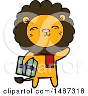 Poster, Art Print Of Cartoon Lion With Christmas Present