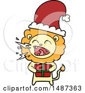Poster, Art Print Of Cartoon Roaring Lion With Gift