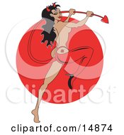 Sexy Pinup Woman Modeling In A Red High Heel And Devil Costume Holding Her Tail And Sporting A Rose Tattoo On Her Butt Clipart Illustration