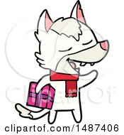 Cartoon Wolf With Christmas Present Laughing
