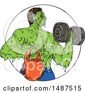 Clipart Of A Sketched Grim Art Styled Bodybuilder With A Kettlebell And Dumbbell Royalty Free Vector Illustration by patrimonio