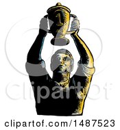 Poster, Art Print Of Worker Holding Up Championship Trophy Cup On A White Background