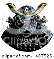 Poster, Art Print Of Samurai Warrior Wearing Facial Armor Mempo Or Mengu Mask On A White Background