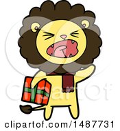 Poster, Art Print Of Cartoon Lion With Christmas Present