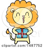 Poster, Art Print Of Laughing Lion Cartoon With Christmas Present