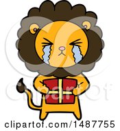 Poster, Art Print Of Cartoon Crying Lion With Gift