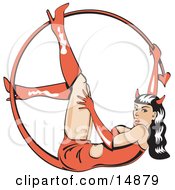 Sexy Brunette Woman In A Rubber Dress And Boots Lying On Her Back And Holding Onto Her Curved Forked Devil Tail Clipart Illustration